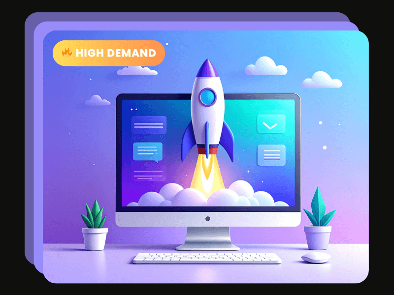 Cartoon rocket launching from a desktop screen with clouds and icons, symbolising website launch and new beginnings.