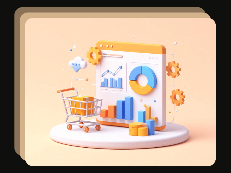 Ecommerce dashboard with charts, graphs, shopping cart, and gear icons, representing Maropost automation and analytics.