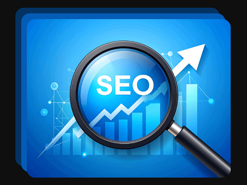 Magnifying glass zooming in on ‘SEO’ over a blue upward-trending bar chart, symbolising Google ranking and visibility.
