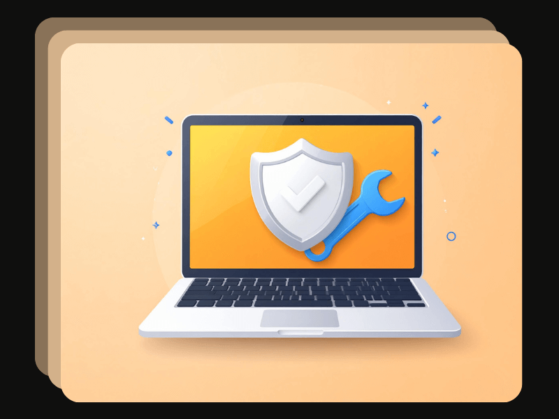 Laptop screen with a security shield and wrench icon overlay, indicating website protection and technical support.